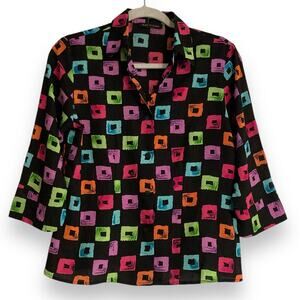 Vintage Y2K Violet & Claire Black Purple Pleated Block Funky Button Down Blouse